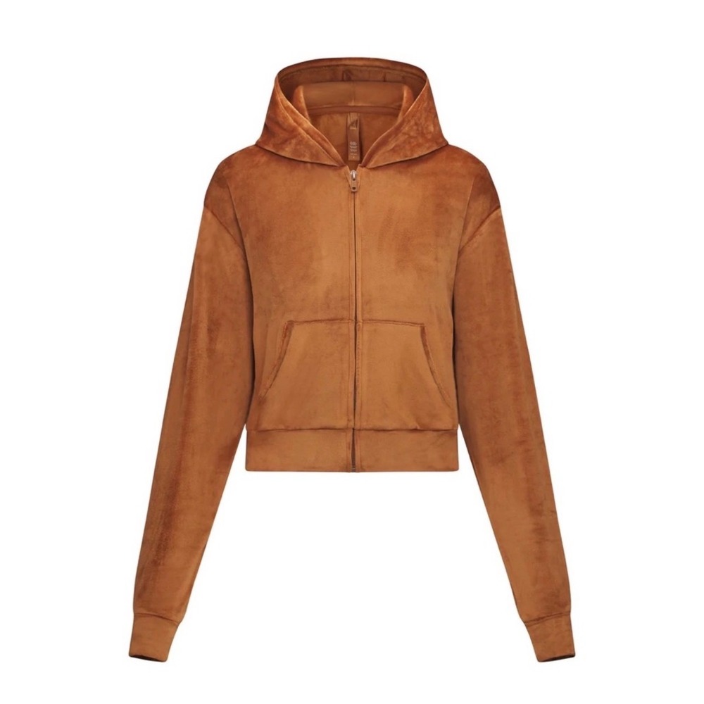 SKIMS Velour Crop Zip Up Hoodie XS Copper Brown Loungewear Athleisure‎